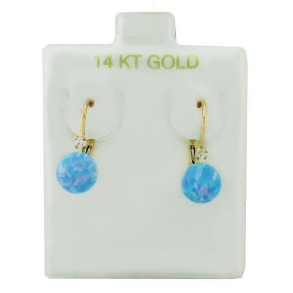 Genuine 1.12 Cts Opal & White Sapphire Dangle Earrings 14K Gold